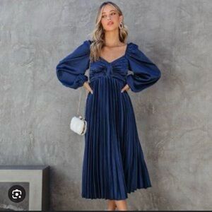 Vici Blue Pleated Ruffled Sweetheart Midi Dress